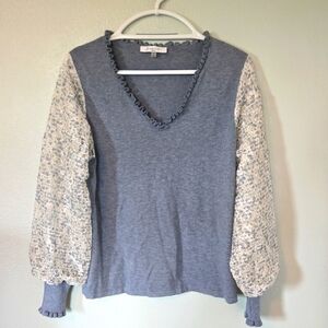 Siani Milano Ruffle V Neck Lace Sleeve Top Size Large